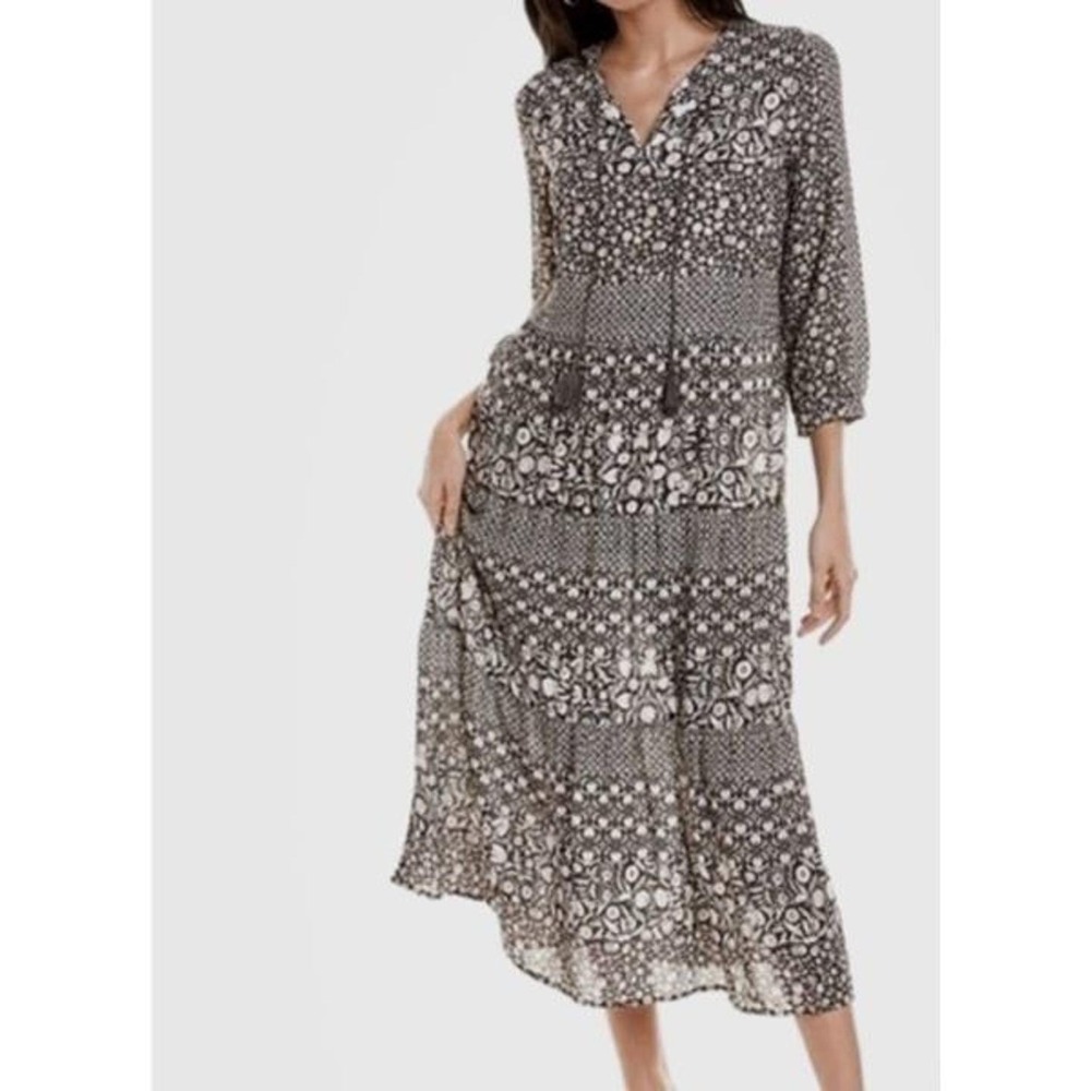 J.McLaughlin Hortense Black White Floral Tiered Midi Dress Tassel Tie Boho Med